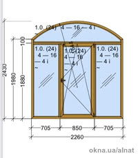 Арочное 3-х створчатое окно 2260*2430 мм неликвидное