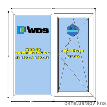 Металопластикове вікно з профілю WDS 6S 70 мм 1400х1450 склопакет 4і-14Ar-4-14Ar-4іх4і