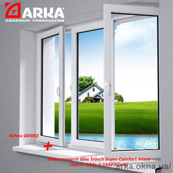 Трехстворчатое окно с профиля REHAU Geneo для загородного дома с максимально теплым энергосберегающим стеклопакетом Glas Trosch Super Comfort 44мм (4Zero -16Ar-4-16Ar-4Zero)