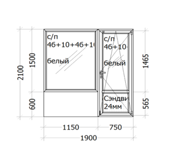 Балконний блок Veka Euroline ( трьохкамерний  профіль) 1900 x 2100 ( с/п 4б+10+4б+10+4и  )