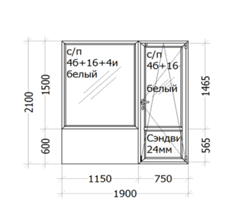 Балконний блок Veka EurolinePlus ( трьох-камерний  профіль ) 1900 x 2100 ( с/п 4б+16+4и  )