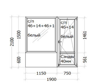 Балконний блок Veka Softline (  п`яти камерний   профіль ) 1900 x 2100 ( с/п 4б+14+4б+14+4и  )