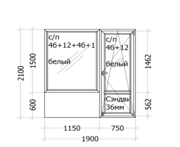 Балконный блок  Veka  Topline ( 5 камерный профиль) 1900 x 2100 мм с/п 4б+12+4б+12+4б