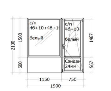 Балконный блок  WHS 60 (четырех камерный профиль) 1900 x 2100 мм ( с/п 4б+10+4б+10+4и  )