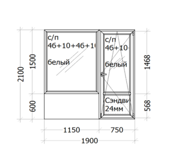 Балконный блок  WHS_72 (пяти камерный профиль) 1900 x 2100 мм ( с/п 4б+10+4б+10+4и  )