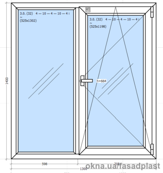 Вікно металопластикове двостулкові Rehau 1300*1400