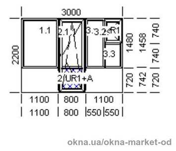 Балконный блок 3000х2200 (два окна и дверь)