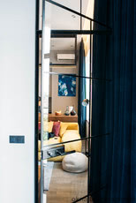 Цельностеклянная дверь с маятниковой фурнитурой