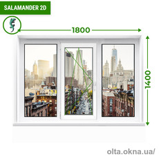 Трехстворчатое окно с поворотно-откидной и двумя глухими створками Salamander 2D