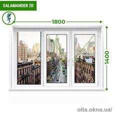 Трехстворчатое окно с поворотно-откидной, глухой и поворотной створками Salamander 2D