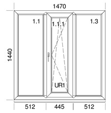 Теплое трехстворчатое окно Veka Softline70 c односторонней ламинацией, Winkhaus, 1,47x1,44 м
