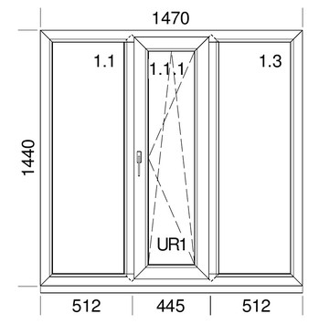 Теплое трехстворчатое окно Veka Softline70 c односторонней ламинацией, Winkhaus, 1,47x1,44 м