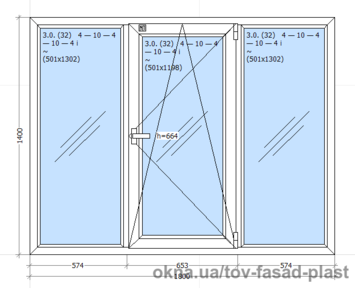 Окно металлопластиковое трехстворчатое Rehau 1800*1400