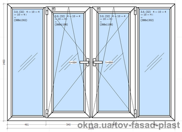 Окно металлопластиковое четырехстворчатое Rehau 2000*1400