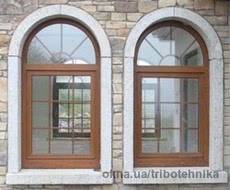 Металлопластиковое арочное окно с горизонтальным импостом со шпросами из немецкого профиля КВЕ 70мм (6 кам) 1300х1800 золотой дуб