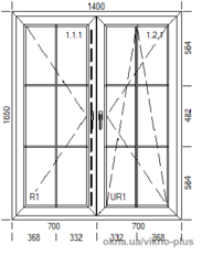 Окно с штульповым открыванием в 2-х стороннем цвете мореный дуб + прозрачный шпрос Grystalligt + заниженные ручки