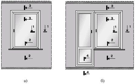 Схематичне зображення одностулкового вікна й балконного блоку зі схематичним розташуванням перетинів для перевірки температурних режимів