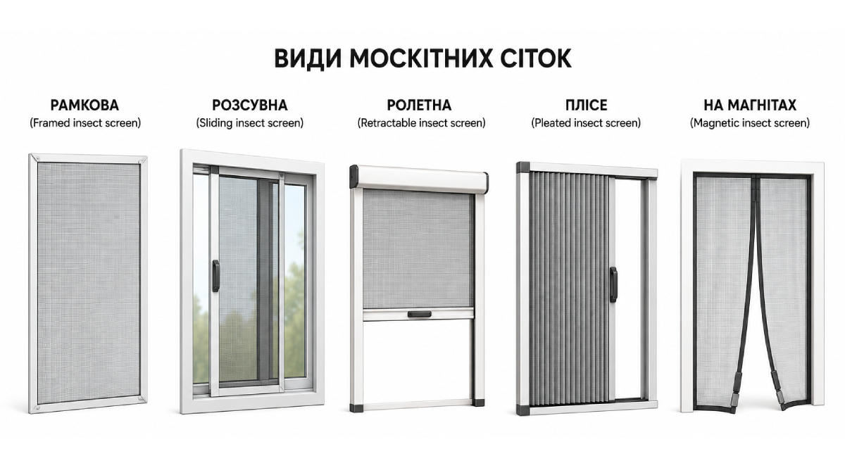 Ілюстрація рамкової, розсувної, ролетної москітної сіток, плісе та на магнітах