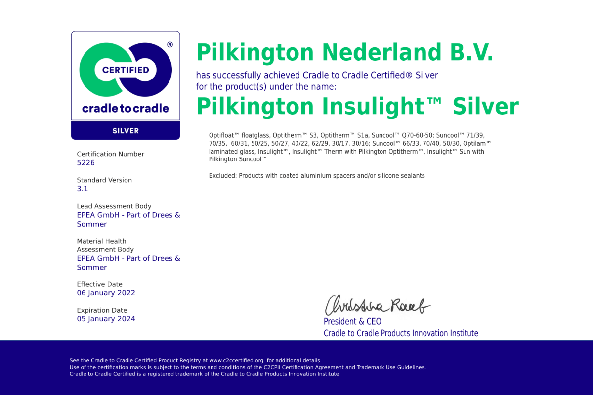 Pilkington Netherlands отримав сертифікат Cradle to Cradle Silver