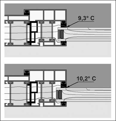 Изотермы для двух одинаковых рам при одинаковых условиях, но с разной степенью заглубления стеклопакета в тело рамы (15 и 18 мм)