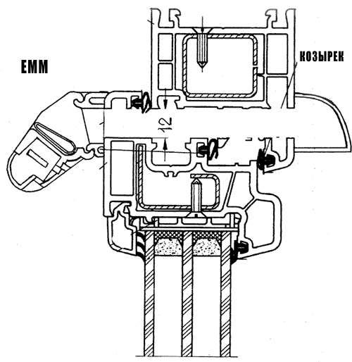 Схема монтажу гігрорегульованого припливного пристрою ЕМ на профіль з третім внутрішнім ущільненням типу Вельтпласт