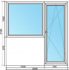Балконный блок Hoffen: дверь 700*2100, глухое окно 1300*1400