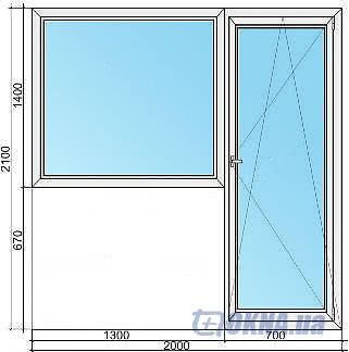 Балконный блок Hoffen: дверь 700*2100, глухое окно 1300*1400