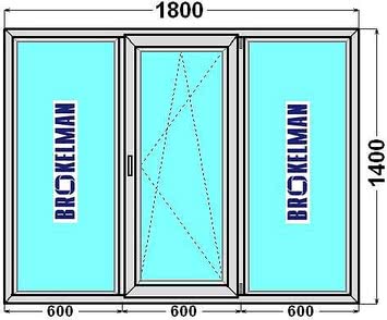 Окно "Геоком Стандарт" трехчастное, профиль Brokelman, двухкамерный стеклопакет, фурнитура Siegenia Favorit