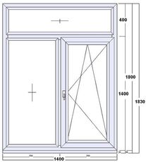Окно с фрамугой или окно «Т» «Геоком Бизнес» двухчастное, одна глухая и одна поворотно-откидная половина, комплектуется двухкамерным стеклопакетом (4-10-4-10-4)