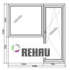 Балконный блок Rehau Euro 60 с размерами балконной двери 700х2100 мм, окона 1300х1400 мм и однокамерным ст-том, ф-ра MACO