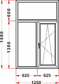 Окно Т-образное REHAU Euro 60, разм. 1250х1980 мм, с/п 4-16-4, ф-ра VORNE