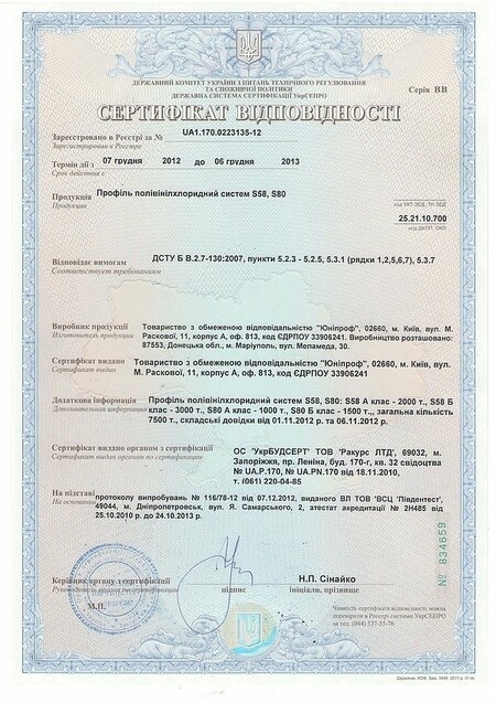 Сертификат на профили ТМ `Окошко`